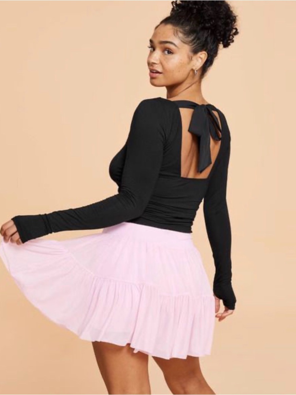 Blogilates Women's Love Story Long Sleeve Tie Bow Back Top Black 1X